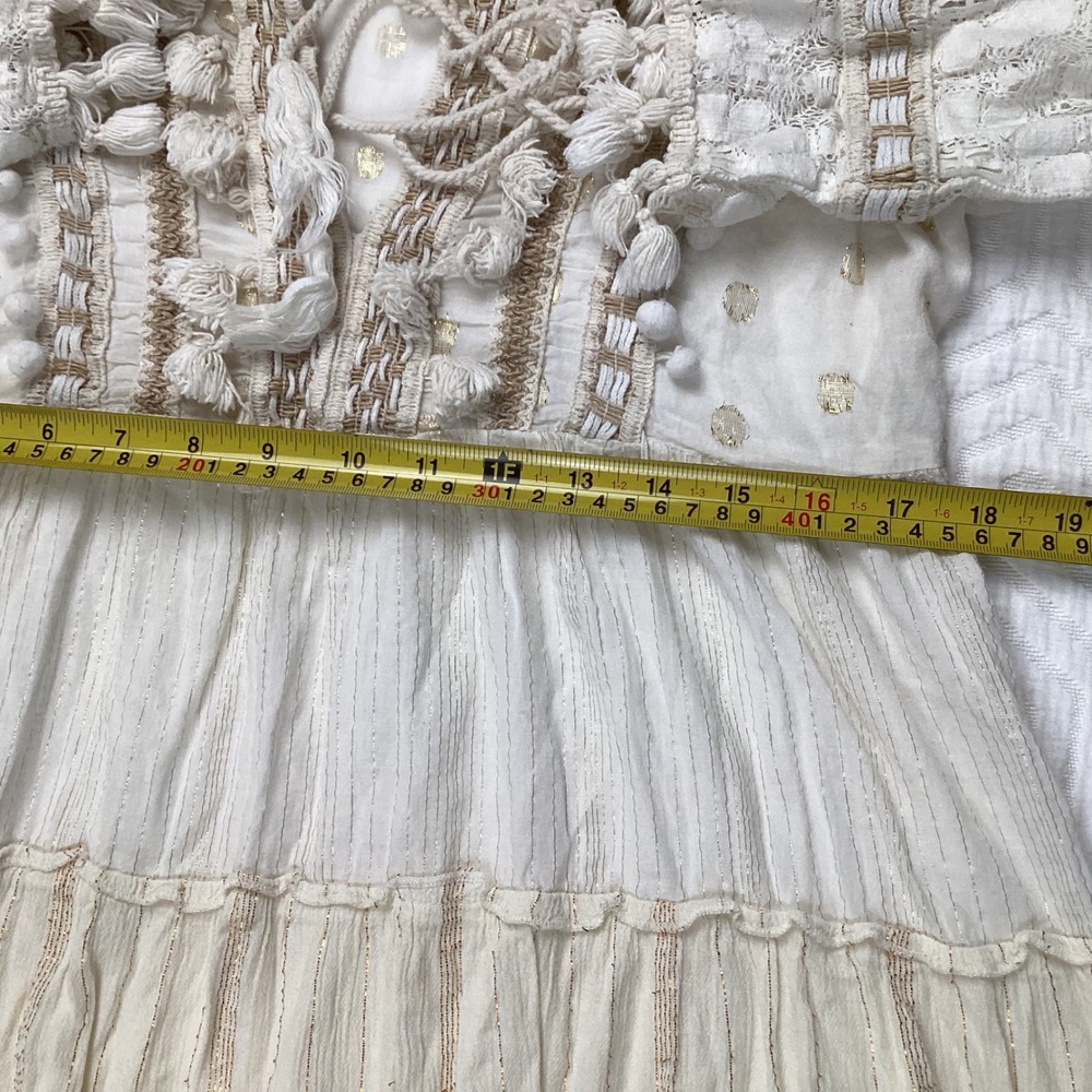 Rise & Blossom Gold Dot Tiered Tassel Pom‎ Pom V-Neck Tunic Dress S/P CH - Picture 7 of 14